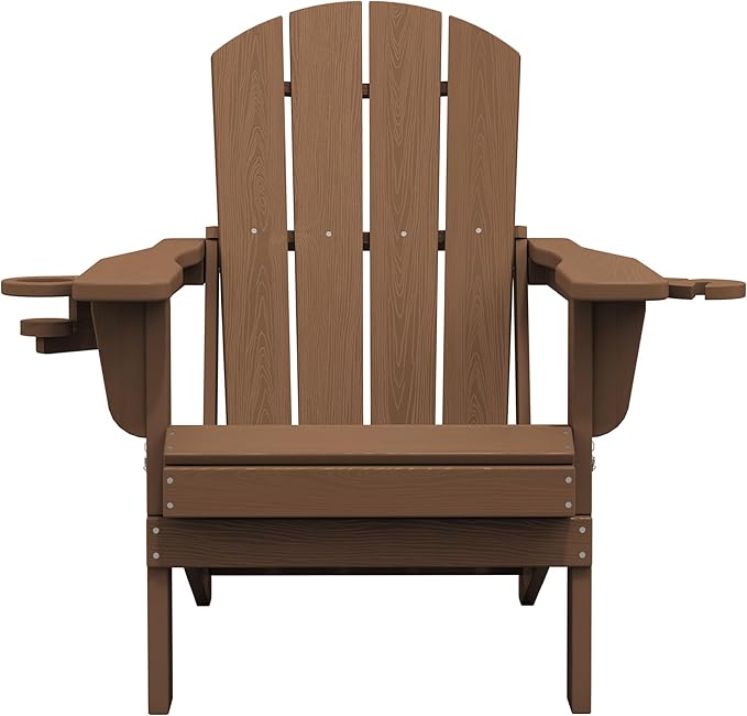 SERWALL Folding Adirondack Chair, Dual Cup Holders & All-Weather HDPE, Wood-Like Patio Chair for Backyard, Camping，Pool & Fire Pit- Brown