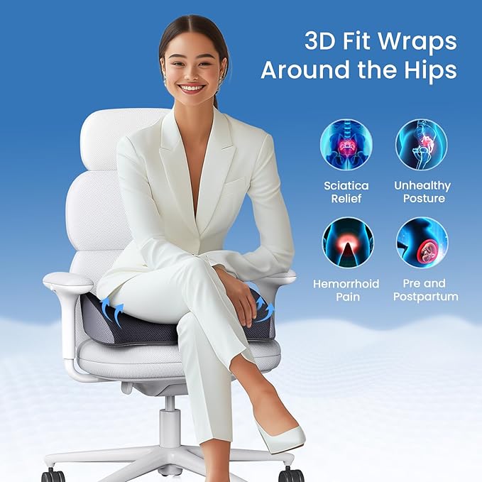Benazcap Pressure Relief Seat Cushion for Tailbone Pain Office Chair Cushion for Butt, Back Pain, Coccyx & Sciatica Pain Relief Pillow. Memory Foam Seat Cushions for Office Chairs