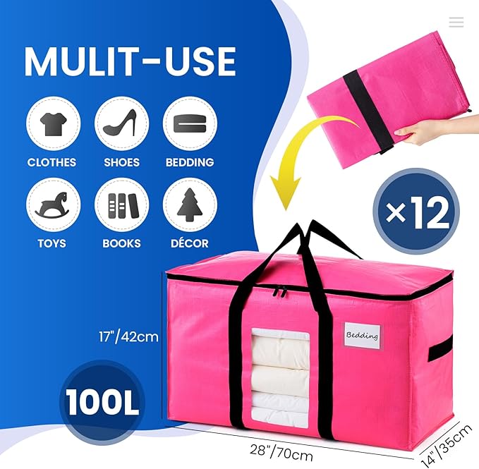 TAILI 12 Pack Pink Extra Large Moving Bags, Heavy Duty Totes with Visible Window, Wrap Around Handles, Space-Saving Storage Solution, Alternative to Moving Boxes