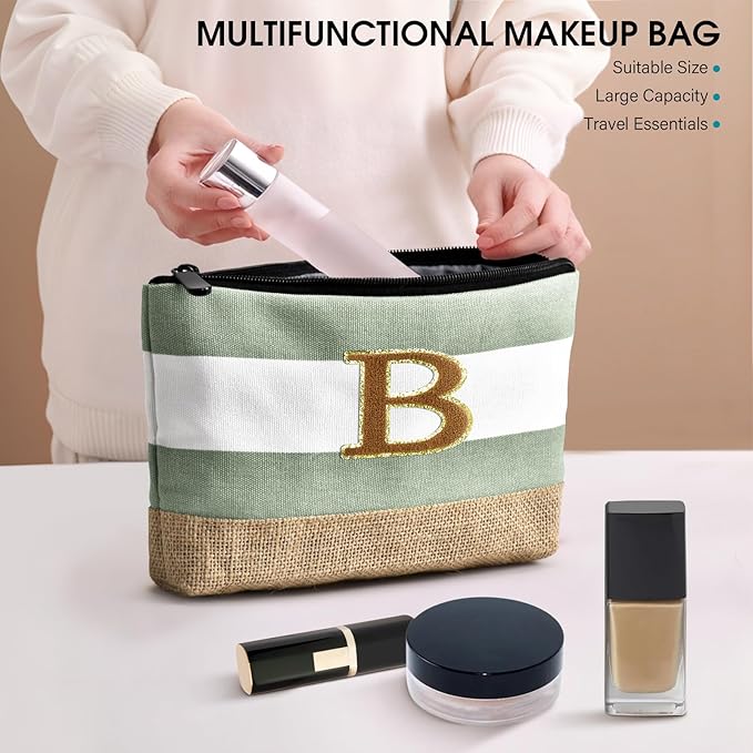 Becokan Beach Bag Initial Beach Tote with Makeup Bag for Travel Work Storage Personalized Birthday Gifts for Women Her