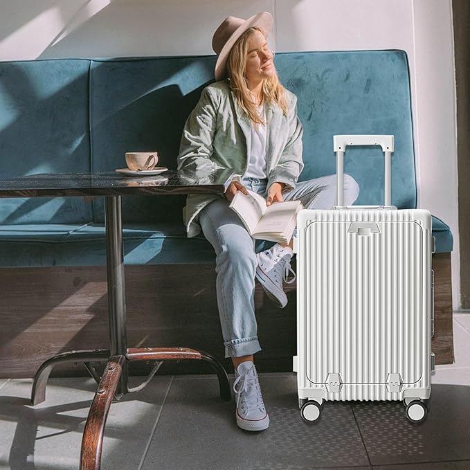 feilario 20in Aluminium Frame PC Hard Shell Spinner Wheels Luggage, Built-In TSA lock Carry on Suitcase, with Cup Holder, USB Port, Phone Holder ﻿
