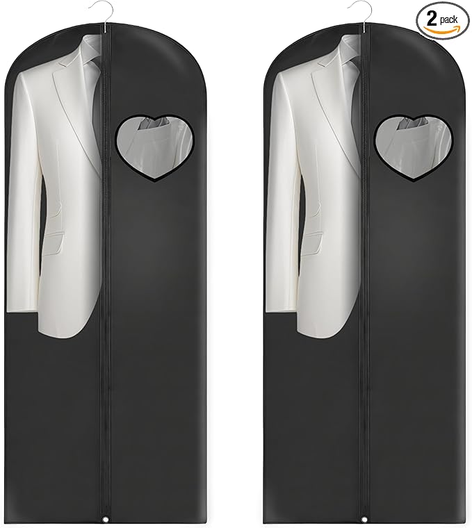 Dress Bags for Gowns Long, 65'' Garment Bags for Hanging Clothes, Suit Bag Cover for Storage and Travel, with Clear Heart Window, 2 Pack (Black)
