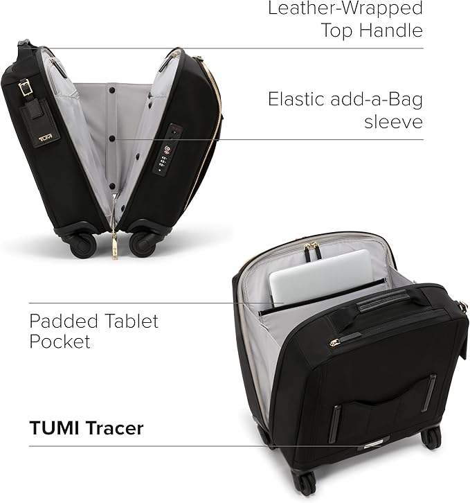 TUMI - Voyageur Leger 4 Wheeled Luggage - Women's Lightweight and Spacious, Sleek Silhouette, Durable Premium Suitcase - 16" Compact Carry-On, Black with Gold Hardware