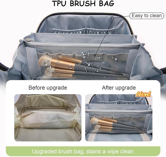 Travel Makeup Bag Organizer Cosmetic Bag: 3 Pcs Set Make up Bags for Women with Handle - Waterproof Vegan Leather Toiletry Bags with Comparments (C-06-Green)