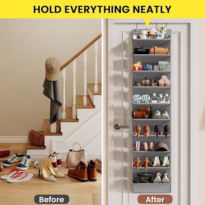 Over the Door Shoe Organizer for Closet, Shoes Rack with 10 Tier PVC Window Deep Pockets, Hanging Shoe Organizers for Boot Storage, Behind the Door Narrow Shoe Holder for Small Shoes, Grey