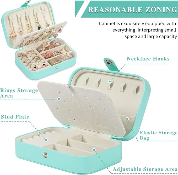 Travel Jewelry Box, PU leather Small Jewelry Organizer For Female Girls, double layer portable mini travel case for storing earrings, rings, necklaces.(green 2pcs)