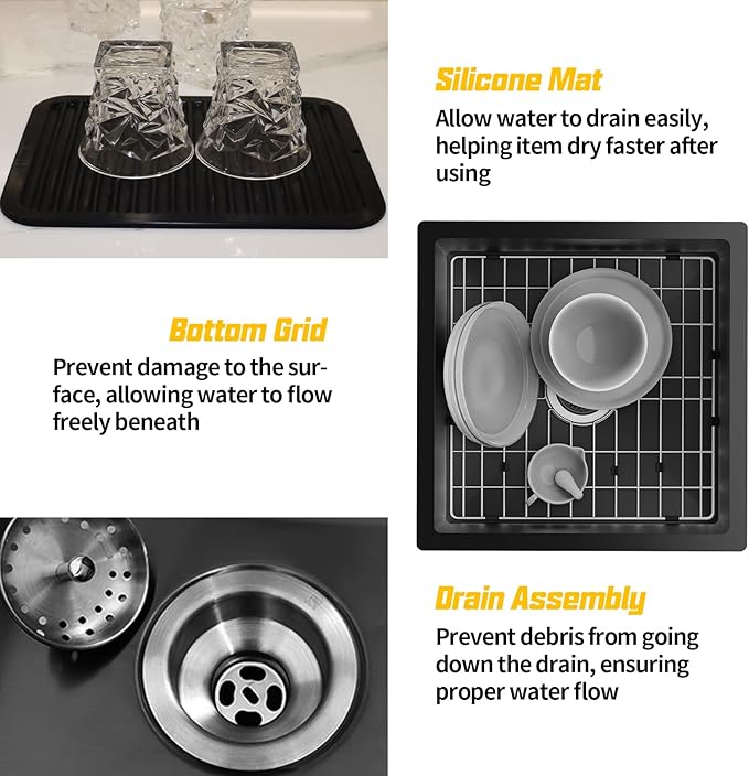 Small Black Kitchen Sink,18x18 Inch Stainless Steel Undermount Drop In Kitchen&Bar Sink Ideal Choice For Small Space, Prep Area, RV With Bottom Grid,Soap Mat And Drain Assembly