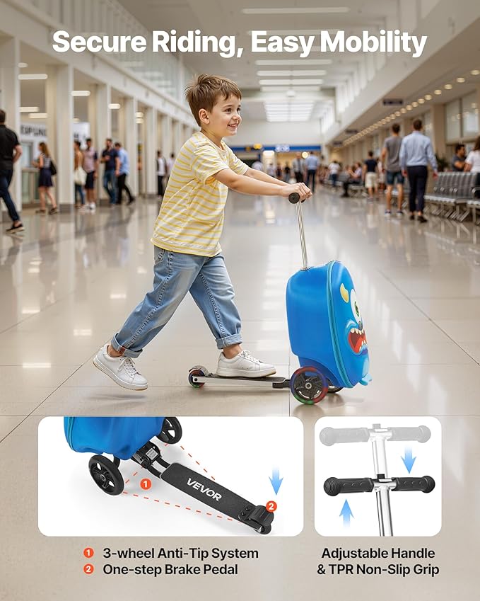 VEVOR Ride-on Luggage, 20 L Capacity, 20 Inches Kids Scooter Suitcase with Flash PU Wheels, Adjustable Handle & TPR Non-Slip Grip, Foldable & Lightweight Scooter Luggage for Kids Aged 5+, Blue