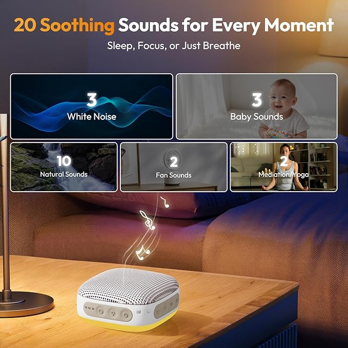 Portable Sound Machine for Travel, White Noise Sound Machine for Sleeping with Night Light, Mini Noise Machine with 20 Quality Non-looping Sounds, Headphone Jack, Memory, Timer for Adults,Hotel