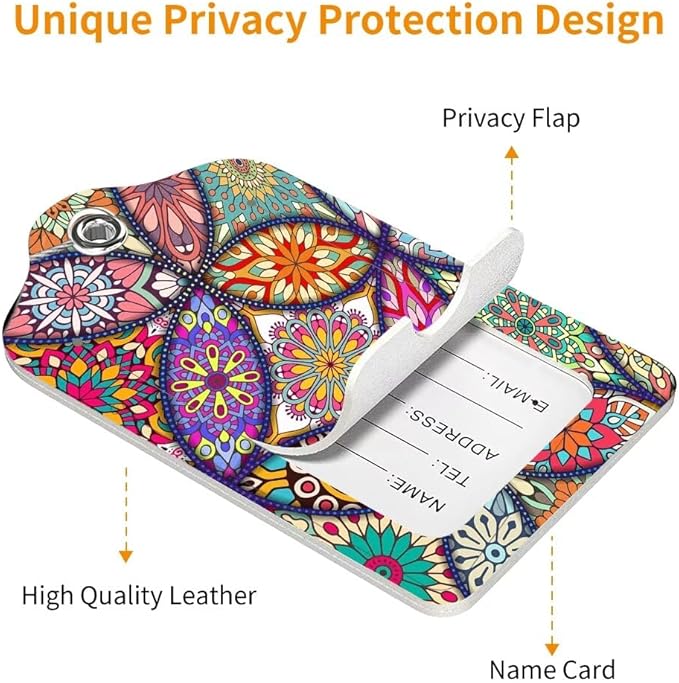 2 Pack Luggage Tag for Suitcase, Cute Unique Leather Bag Tags Identifiers Privacy Cover ID Label with Durable Steel Loop for Women Men Kids Girls Travel, Bohemia