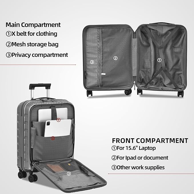 2 Pieces 20/29 Luggage Sets, 20 Inch Cabin Luggage with Front Pocket & 29 Inch Side Opening Suitcase, Ligthweight ABS+PC Hardshell, Gray