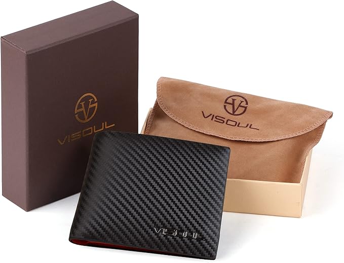 VISOUL Mens Bifold Wallet with 2 ID Windows Carbon Fiber Leather, RFID Blocking Secure Designer Billfold Wallets for Men with Two Cash Compartments (Black+Orange Red)