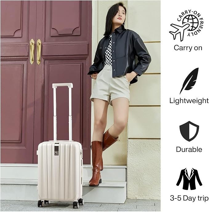 Hanke 24 Inch Luggage Suitcases With Spinner Wheels Lightweight PC Hard Shell Rolling Suitcase With Travel Lock,Checked-Medium 24-Inch(Ivory White)