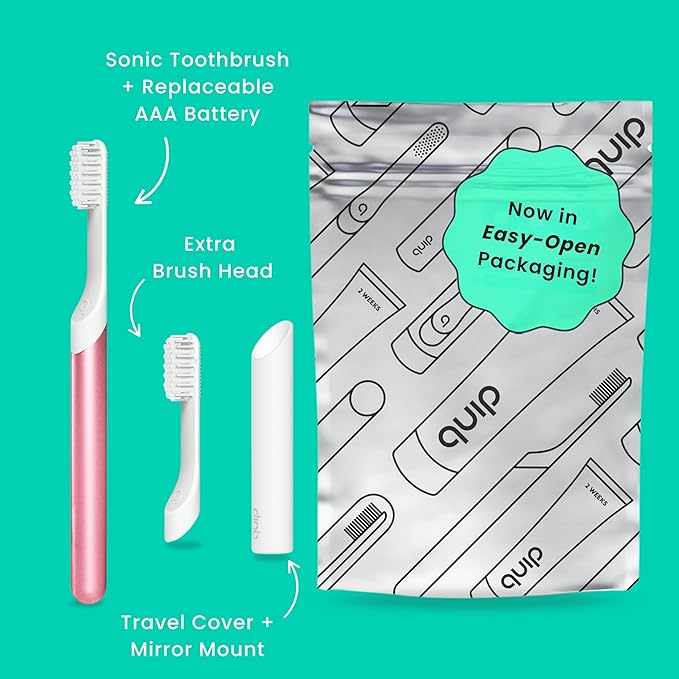 Quip Sonic Toothbrush for Adults with Timer - Includes Extra Brush Head and Travel Cover Mount - Electric, Soft Bristle Refill Head, Metal Handle, 3 Month Battery Life - Travel Toothbrush - Pink