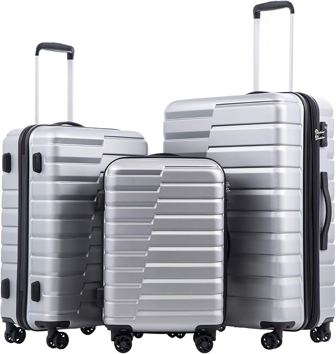 Coolife Luggage Sets, 3 Piece Hardshell Luggage Set with Spinner Wheels Expandable Suitcase Set PC+ABS TSA Lock, Sliver