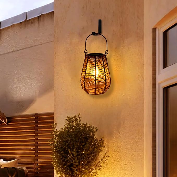 HPC Decor 2 PK Solar Lanterns - Outdoor Waterproof, Hemp Rope Solar Lights,Hanging Solar Lanterns Outdoor,Solar Lamp Lights,Decoration for Garden, Patio, Porch, Trees, Pathway,Outside.