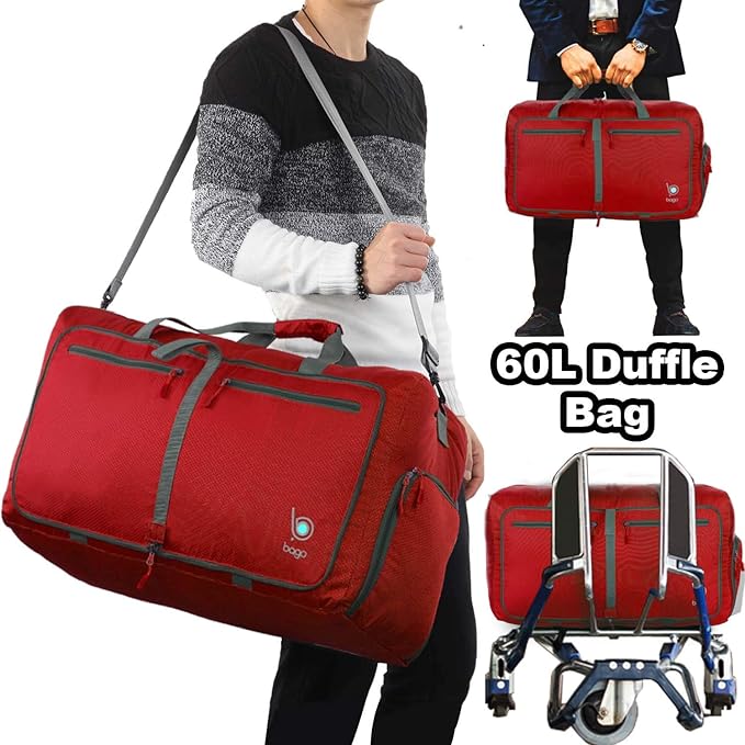 Bago Foldable Duffel Bags for Traveling Women & Men - 60L Medium Packable Duffle Bag for Travel with Shoe Compartment - Water Repellant, Heavy Duty, Lightweight Folding & Collapsible (Red)