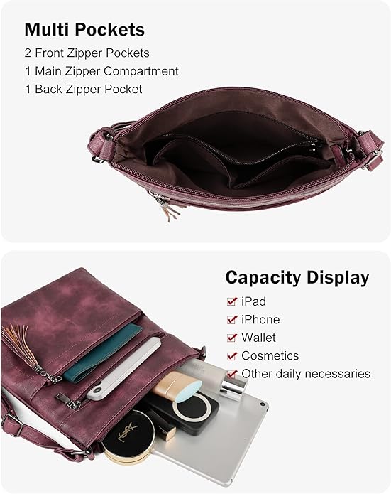 MASINTOR Crossbody Purses for Women, Multi Pocket Casual Crossbody Bag, Adjustable Strap Shoulder Bag with Tassel
