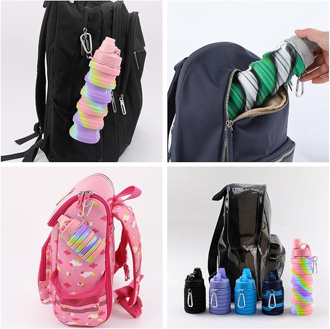 Collapsible Water Bottle for Adults, Boys, Students, Kids, Reusable Silicone Foldable Water Bottles for Travel Camping Hiking Sports,Leak-Proof Portable Sports Water Bottle (Pink & Green)