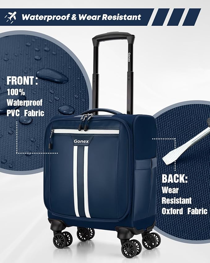 Gonex 16 inch Underseat Carry On Luggage with Spinner Wheels, Water Resistant PVC Wheeled Travel Bag Airline Approved, Softside Small Rolling Personal Item Suitcase for Men Women, Blue