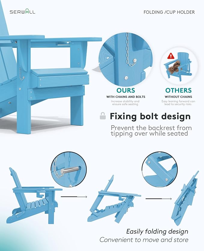 SERWALL Adirondack Chair with Cup Holders - Composite Adirondack Chairs Set of 4 HDPE Outdoor Chairs All Weather Use- Light Blue