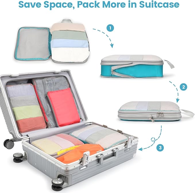 Cambond Compression Packing Cubes for Travel - 7 Set Multi-color See Through Mesh Compression Cubes for Travel Essentials, Space Saving Luggage Packing Organizers Bags for Carry on Suitcases