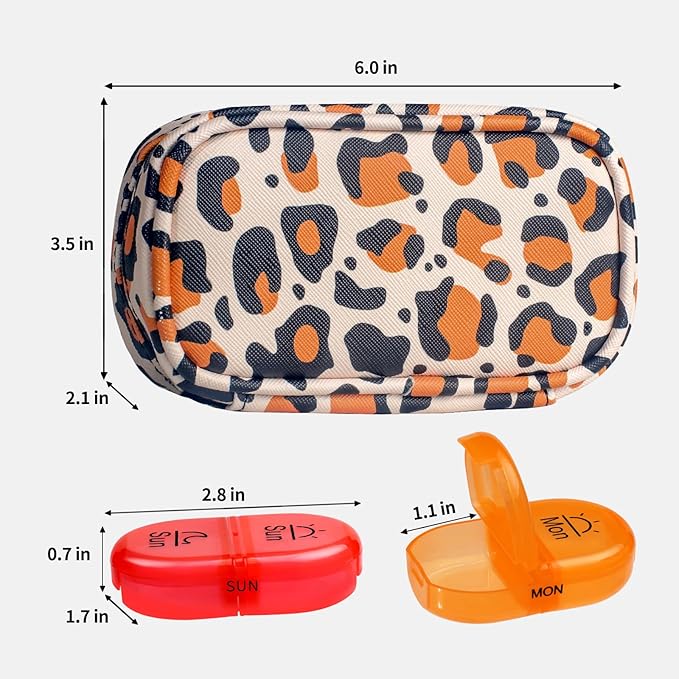 Serfeymi Weekly Travel Pill Organizer 2 Times A Day AM PM Upgraded Rainbow Pill Box 7 Day with Portable Zipper PU Leather Pill Case, Medicine Organizer for Pills, Vitamins, Fish Oils - Brown 02