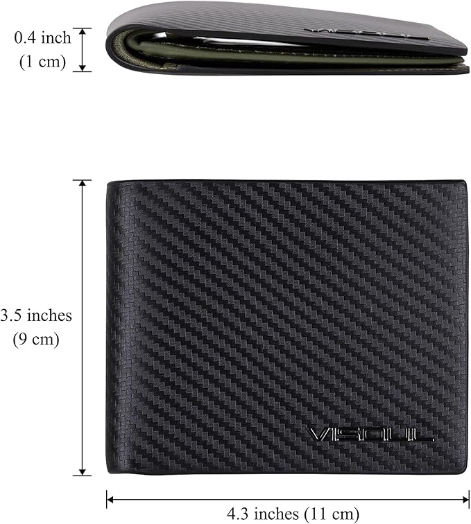 VISOUL Leather Mens Bifold RFID Blocking Wallet with 2 ID Windows, Leather Wallet for Men (Carbon Fiber, Black+Green)