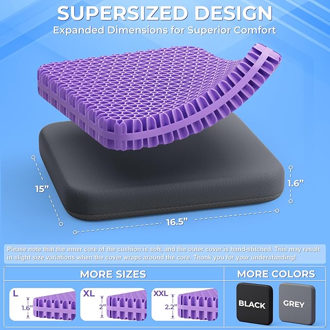 TushGuard Gel Seat Cushion for Long Sitting, Enlarged & Thickened Patent Design Office Chair Seat Cushion, Breathable Cooling Pads for Chairs, Soft Car Cushions for Wheelchair(Large, Grey)