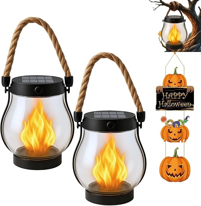 Solar Lantern Outdoor Lights, Flickering LED with Hemp Rope Handle, Dual Charging (Solar & USB), Water-Resistant Hanging Decor for Garden, Yard, Patio, Porch, Pathway, Camping (2)