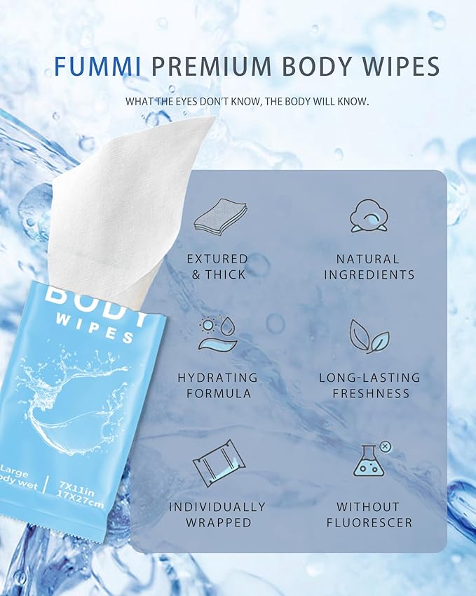 FUMMI 300 Pack Body Wipes – Large Individually Packaged Bath Wipes for Adults, Travel, Gym, Camping, Elderly, Bedridden – No Rinse Bath Wipes, Moisturizing & Refreshing Clean