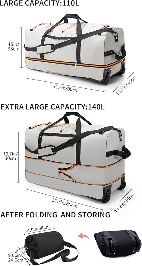 CONTAIL 32”110L Expandable 140L Rolling Duffle Bag with 2 Inline Wheels,Convertible Weekend Travel Bag with Bungee-Cord System,Grey