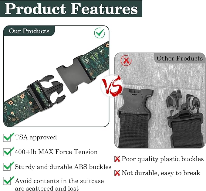 Luggage Straps for Suitcases TSA Approved, Luggage Identifiers for Suitcase, Adjustable Suitcase Strap for Baggage Security with Cute Patten, Travel Necessary Accessories (Sage Green)
