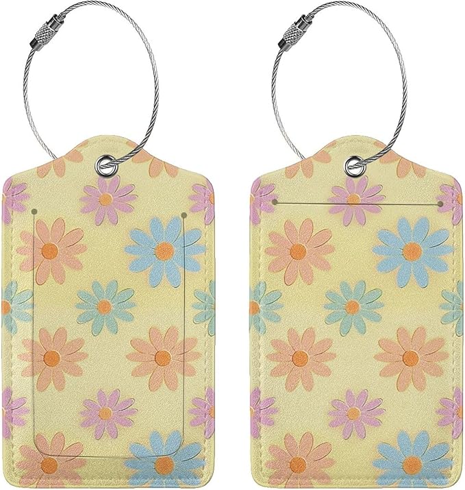 Flowers Leather Luggage Tag with Stainless Steel Ring, Fun Name Id Card Cover Travel Bag Tag Set, Suitable for Travel Bag Luggage Women Men 2 PCS