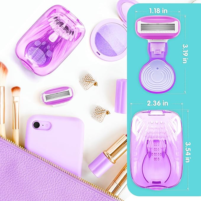 DreamGenius Travel Razors for Women Include 1 Handle and 5 Cartridges, Extra Smooth 5-Blade Travel Essentials Razor with Case for Shaving, Purple