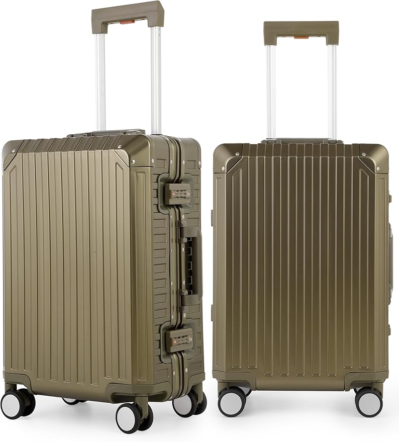 Mvst Luggage Premium All Aluminum Magnesium Carry On 20'' Lightweight Metal,Suitcase with Spinner Wheels Built-in Toiletry Set, Luggage Protector（silvery） (Brown, 20inch)