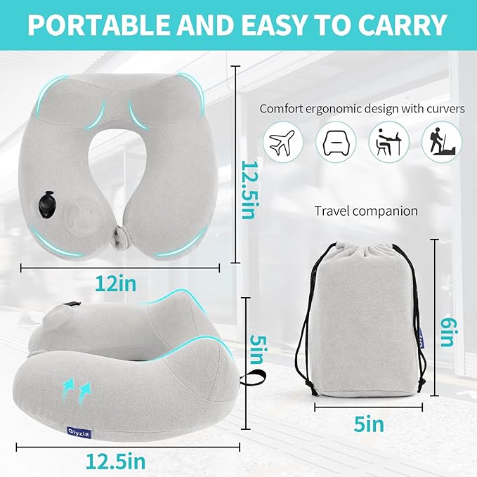 Inflatable Travel Neck Pillow for Airplane, Head Support Velvet Adult Neck Pillow for Long Flight, Kit with Eye Mask, Earplugs and Storage Bag,1, Light Gray