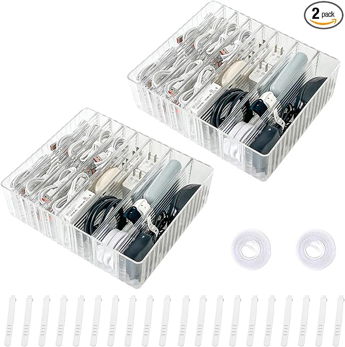 Yesesion Clear Cord Storage Box with Wire Ties, Plastic Cable Organizer for Drawer, Large Desk Accessories Case Container for Phone Charger, Battery, Art Crafts, Home Office Supplies, 2 Pack