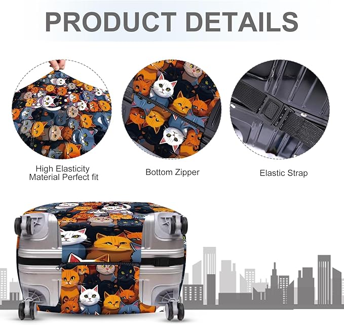 ANNA QUEEN Colorful Cat Luggage Cover, Fun Cat Design with Multiple Cats, Stretchable, Washable Travel Sleeve for 32-34 Inch Luggage