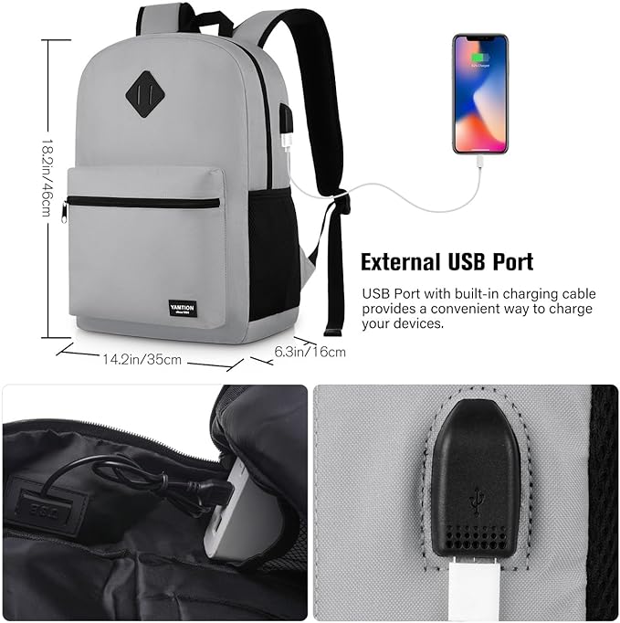 17 Inch Unisex School Backpack,Classic Bookbag Adults and Teens Schoolbag with USB Port for High School College Office Work Travel