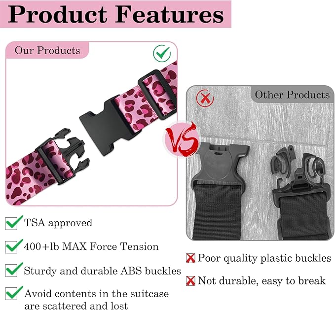 Leopard Luggage Straps for Suitcases TSA Approved, Luggage Identifiers for Suitcase, Adjustable Suitcase Strap for Baggage Security with Cute Patten, Travel Necessary Accessories (2Pack)
