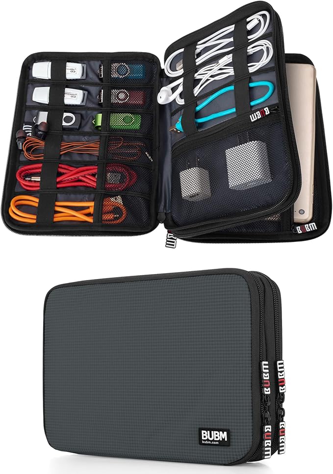 BUBM Double Layer Electronic Accessories Organizer, Travel Gear Bag for Cables, USB Flash Drive, Plug and More, Perfect Size Fits for iPad mini (Medium, Gray)