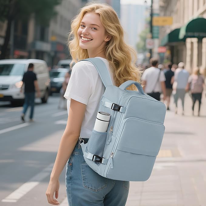 Travel Backpack, Carry on Flight Approved Backpack with Multi-Pockets, TSA Waterproof 17.3inch Laptop Backpack, Personal Item Travel Bag for Men Women, Light Blue