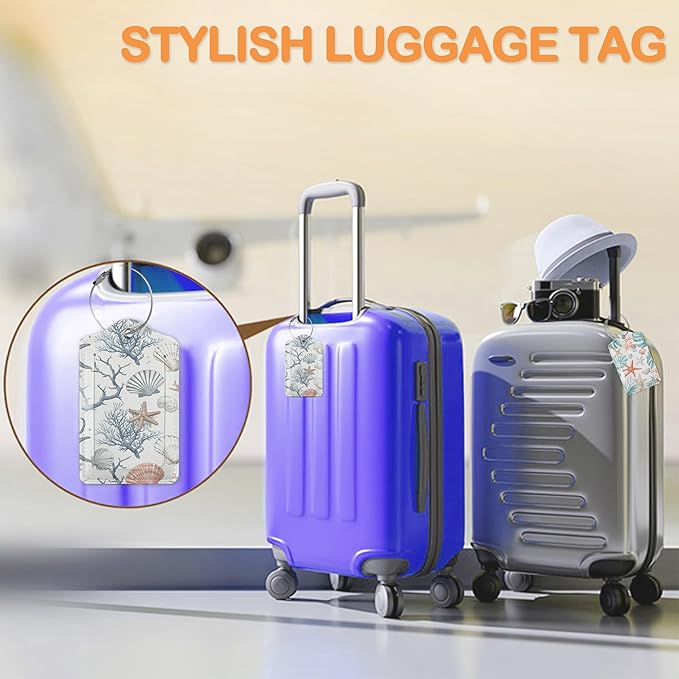 Tropical Seashells Summer 3 Pack Luggage Tags for Suitcases, Vintage Starfish PU Leather Luggage Tag for Travel, Bag Tags with Privacy Name ID Card and Steel Loop for Women Men