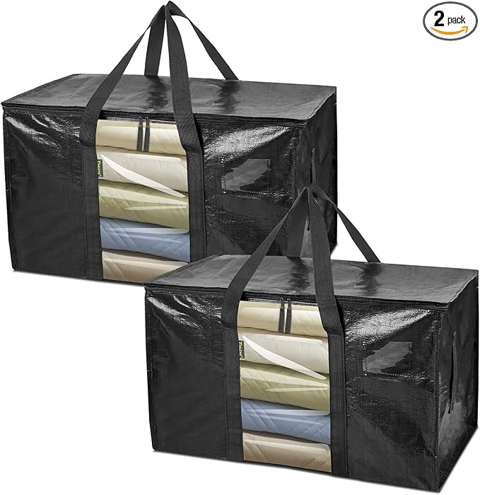 BALEINE 2-Pack Oversized Moving Bags with Reinforced Handles, Heavy-Duty Storage Tote Moving Supplies for Packaging, Camping (Black w/Window, 2-Pack)