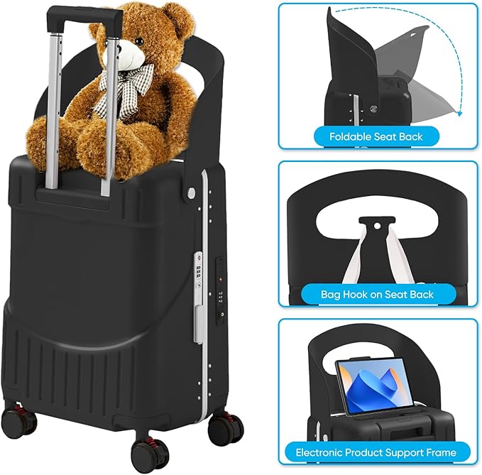 TABU 20" Ride-on Luggage with Seat，Front Opening Carry-On Hardshell Ride On Suitcase with Built-in Charging Port, 360° Lockable Spinner and TSA Lock, for Kids & Adults, Black