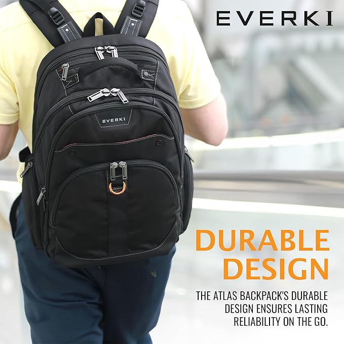 EVERKI 32L Atlas Business Laptop Backpack – Adjustable Compartment for Work, Travel-Friendly Business & Office Backpack for Men & Women, College, Durable Computer Bag, Fits 13"-17.3", Black