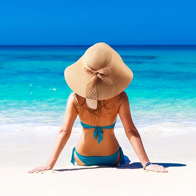 DRESHOW Beach Hats for Women Big Straw Wide Brim Summer Hat Floppy Foldable Roll up Cap Sun Hat UPF 50+