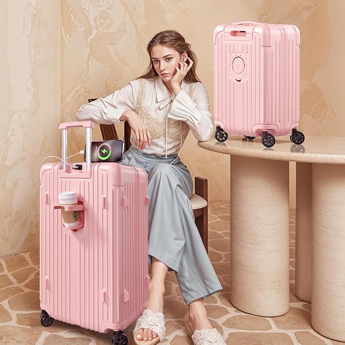Krute Carry on Luggage 20 Inch USB Suitcases with Spinner Double Wheels Cup Holder PC+ABS Hardside Luggage with TSA Lock (Pink)