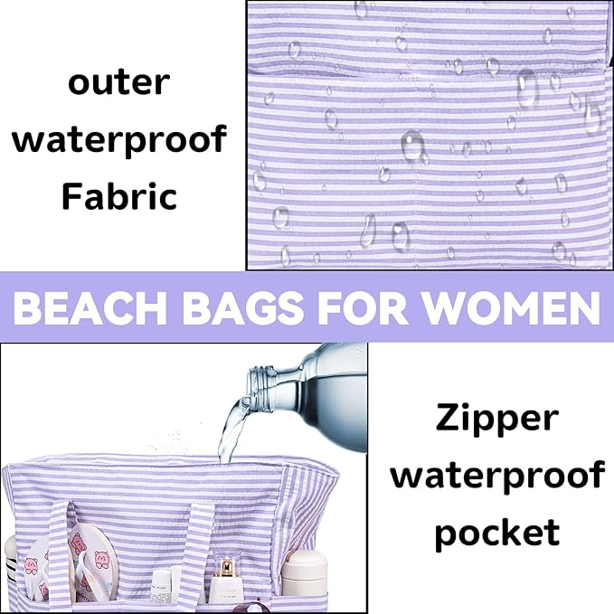 LEDAOU Beach Bag Waterproof Sandproof Women Tote Bag Pool Bag with Zipper for Gym Grocery Travel with Wet Pocket